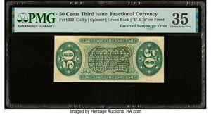 image for: Inverted 50 Surcharge Error Fr. 1332 Milton 3R50.19m 50¢ Third Issue Spinner PMG Choice Very Fine 35....