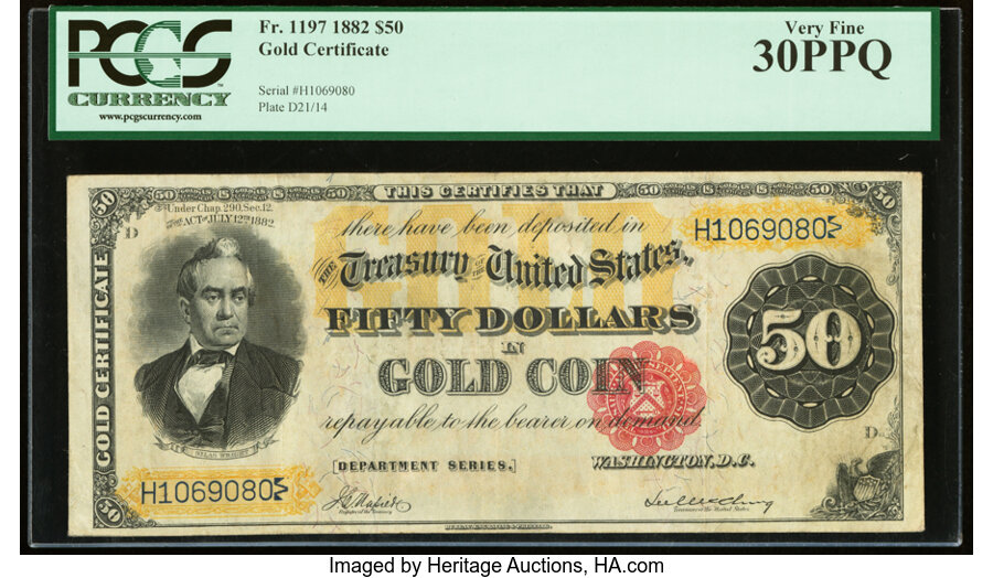 image for: Fr. 1197 $50 1882 Gold Certificate PCGS Very Fine 30PPQ....