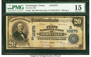 image for: Normangee, TX - $20 1902 Plain Back Fr. 654 The First National Bank Ch. # (S)10275 PMG Choice Fine 15....