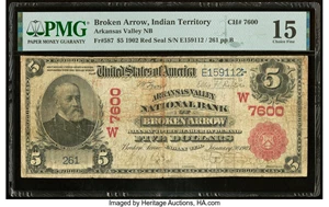 image for: Broken Arrow, Indian Territory - $5 1902 Red Seal Fr. 587 The Arkansas Valley National Bank Ch. # (W)7600 PMG Choice Fine 15....
