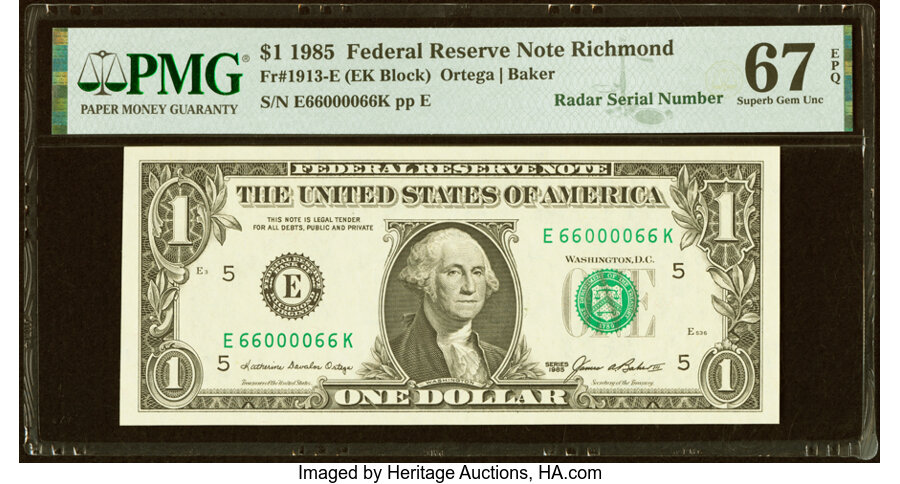 image for: Radar Serial Number 66000066 Fr. 1913-E $1 1985 Federal Reserve Note. PMG Superb Gem Unc 67 EPQ....
