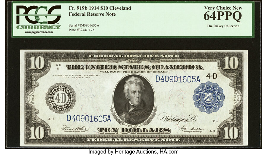 image for: Fr. 919b $10 1914 Federal Reserve Note PCGS Very Choice New 64PPQ....