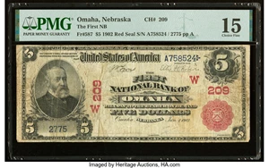 image for: Omaha, NE - $5 1902 Red Seal Fr. 587 The First National Bank Ch. # (W)209 PMG Choice Fine 15....
