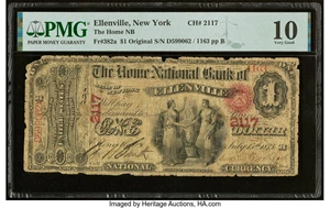 image for: Ellenville, NY - $1 Original Fr. 382a The Home National Bank Ch. # 2117 PMG Very Good 10....