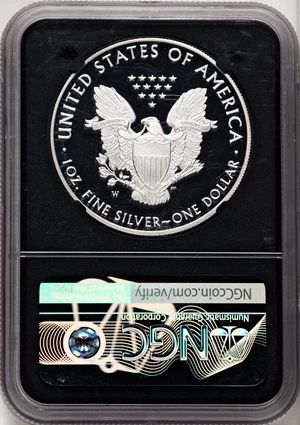 image for: 2021-W $1 Silver Eagle, Type One Heraldic Eagle, First Day of Issue, PR70 Ultra Cameo NGC. Hand-signed, John M. Mercanti....