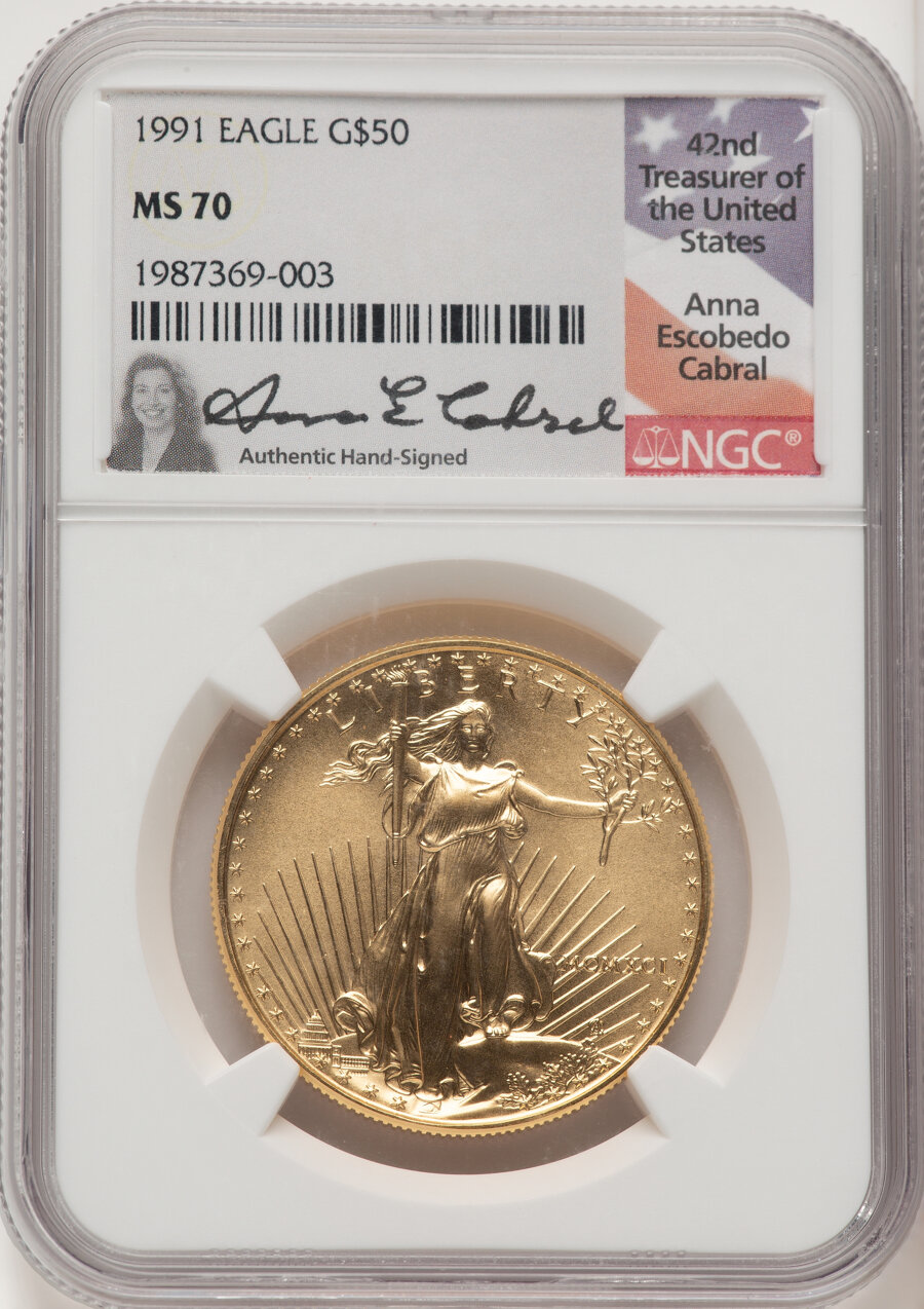 image for: 1991 $50 One-Ounce Gold Eagle MS70 NGC. Hand-signed, Anna Escobedo Cabral. Mintage 243,100....