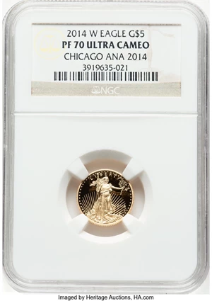 image for: 2014-W $5 Tenth-Ounce Gold Eagle, Chicago ANA 2014 PR70 Ultra Cameo NGC....