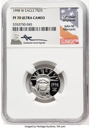 image for: 1998-W $25 Quarter-Ounce Platinum Eagle, Statue of Liberty PR70 NGC. Hand-signed, John M. Mercanti. NGC Census: (1169). PCG...