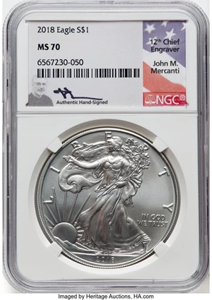 image for: 2018 $1 Silver Eagle MS70 NGC. Authentic Hand-Signed, John M. Mercanti. NGC Census: (31579). PCGS Population: (9296). CDN: ...