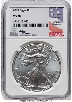 image for: 2019 $1 Silver Eagle MS70 NGC. Authentic Hand-Signed, John M. Mercanti. NGC Census: (57676). PCGS Population: (19963). CDN:...