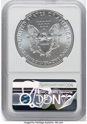 image for: 2019 $1 Silver Eagle MS70 NGC. Authentic Hand-Signed, John M. Mercanti. NGC Census: (57676). PCGS Population: (19963). CDN:...