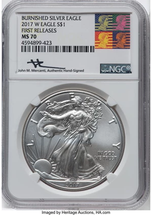 image for: 2017-W $1 One-Ounce Silver Eagle, First Releases, Burnished, MS70 NGC. Hand-signed, John M. Mercanti. NGC Census: (0). PCGS...