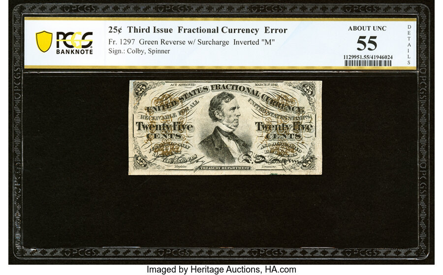 image for: Inverted "M" Surcharge Error Fr. 1297 25¢ Third Issue PCGS Banknote About Unc 55 Details....