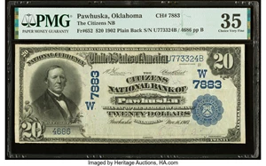 image for: Pawhuska, OK - $20 1902 Plain Back Fr. 652 The Citizens National Bank Ch. # (W)7883 PMG Choice Very Fine 35....