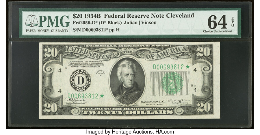 image for: Fr. 2056-D* $20 1934B Federal Reserve Star Note. PMG Choice Uncirculated 64 EPQ....