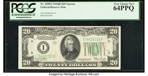 image for: Fr. 2058-I $20 1934D Narrow Federal Reserve Note. PCGS Very Choice New 64PPQ....