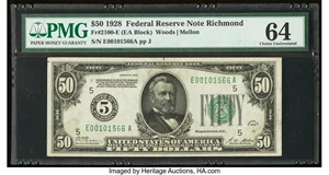 image for: Fr. 2100-E $50 1928 Federal Reserve Note. PMG Choice Uncirculated 64....