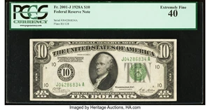 image for: Fr. 2001-J $10 1928A Federal Reserve Note. PCGS Extremely Fine 40....