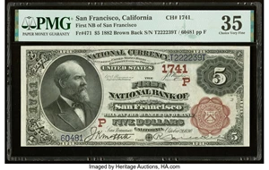 image for: San Francisco, CA - $5 1882 Brown Back Fr. 471 The First National Bank Ch. # (P)1741 PMG Choice Very Fine 35....