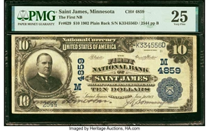 image for: Saint James, MN - $10 1902 Plain Back Fr. 629 The First National Bank Ch. # (M)4859 PMG Very Fine 25....