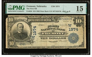 image for: Fremont, NE - $10 1902 Date Back Fr. 620 The First National Bank Ch. # (W)1974 PMG Choice Fine 15....