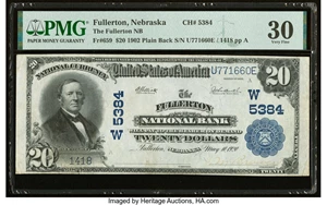 image for: Fullerton, NE - $20 1902 Plain Back Fr. 659 The Fullerton National Bank Ch. # (W)5384 PMG Very Fine 30....