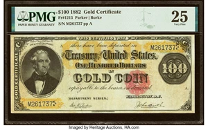 image for: Fr. 1213 $100 1882 Gold Certificate PMG Very Fine 25....