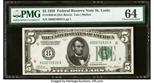 image for: Fr. 1950-H $5 1928 Federal Reserve Note. PMG Choice Uncirculated 64....
