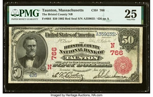 image for: Taunton, MA - $50 1902 Red Seal Fr. 664 The Bristol County National Bank Ch. # (N)766 PMG Very Fine 25....