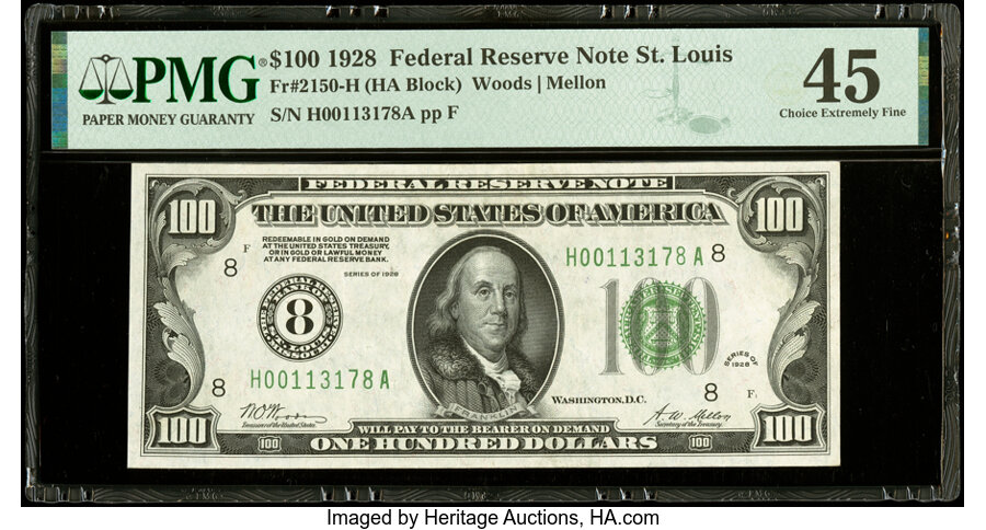 image for: Fr. 2150-H $100 1928 Federal Reserve Note. PMG Choice Extremely Fine 45....