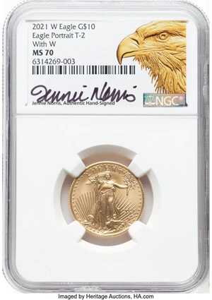 image for: 2021-W $10 Quarter Ounce Gold Eagle, Type Two, Unfinished Proof Dies, With W MS70 NGC. Jennie Norris, Authentic Hand-Signed...