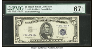 image for: Fr. 1657 $5 1953B Silver Certificate. PMG Superb Gem Unc 67 EPQ....