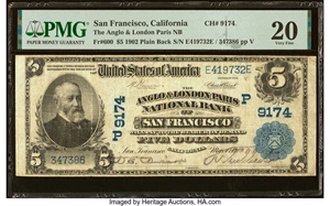 image for: San Francisco, CA - $5 1902 Plain Back Fr. 600 The Anglo & London Paris National Bank Ch. # (P)9174 PMG Very Fine 20....