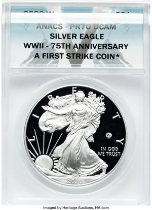 image for: 2020-W $1 Silver Eagle, WWII - 75th Anniversary, A First Strike Coin, PR70 Deep Cameo ANACS....