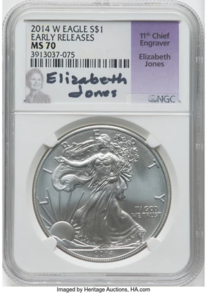 image for: 2014-W $1 Silver Eagle, Burnished, Early Releases, MS70 NGC. Authentic Hand-Signed, Elizabeth Jones. NGC Census: (7022). PC...