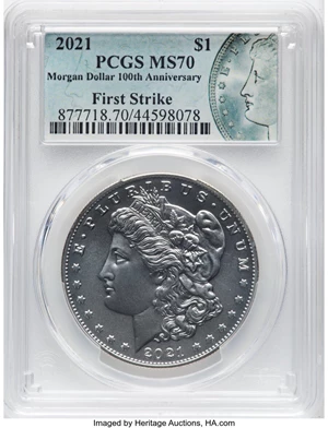 image for: 2021 $1 Morgan Dollar 100th Anniversary, First Strike, MS70 PCGS....
