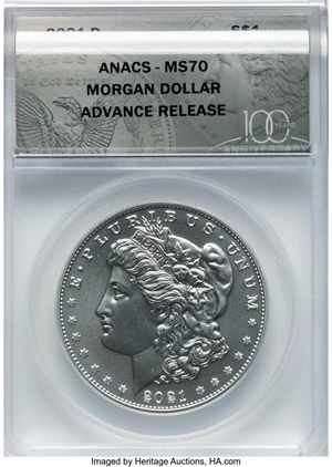 image for: 2021-D $1 Morgan Dollar 100th Anniversary, Advanced Release, MS70 ANACS....
