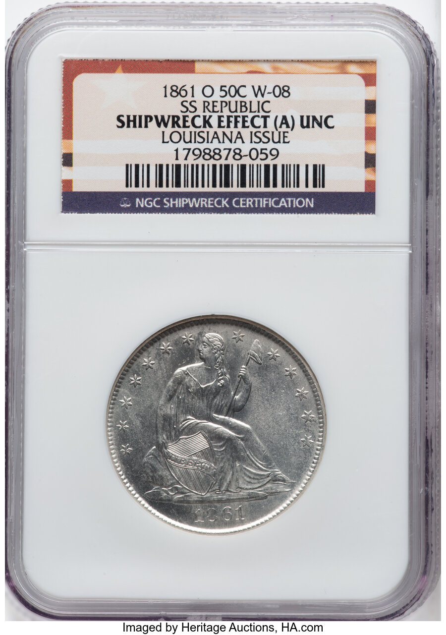 image for: 1861-O 50C WB-101, Die Pair 8, R.2 -- Shipwreck Effect (A) -- Unc NGC. Ex: S.S. Republic. Louisiana State Issue. Mintag...