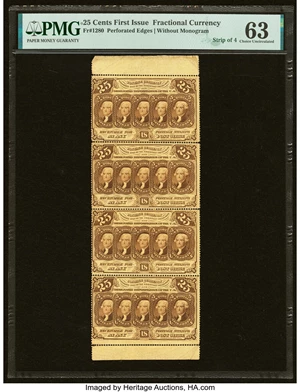 image for: Fr. 1280 25¢ First Issue Uncut Vertical Strip of Four PMG Choice Uncirculated 63....