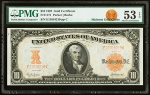 image for: Fr. 1171 $10 1907 Gold Certificate PMG About Uncirculated 53 EPQ....