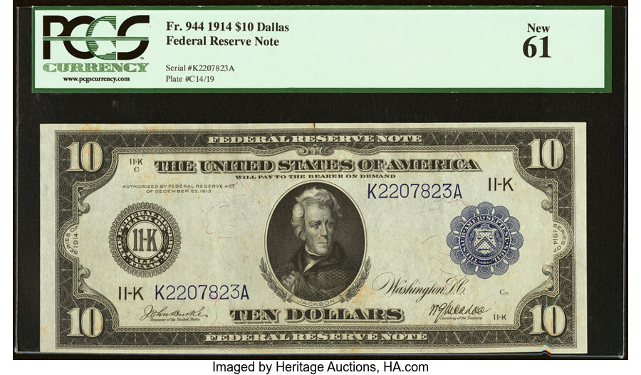 image for: Fr. 944 $10 1914 Federal Reserve Note PCGS New 61....
