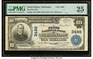 image for: North Platte, NE - $10 1902 Plain Back Fr. 625 The First National Bank Ch. # 3496 PMG Very Fine 25....