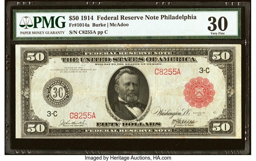 image for: Fr. 1014a $50 1914 Red Seal Federal Reserve Note PMG Very Fine 30....