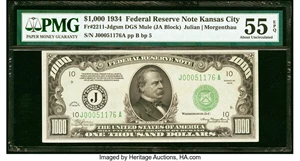 image for: Fr. 2211-J $1,000 1934 Mule Federal Reserve Note. PMG About Uncirculated 55 EPQ....