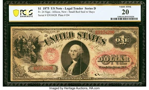 image for: Fr. 24 $1 1875 Legal Tender PCGS Banknote Very Fine 20....