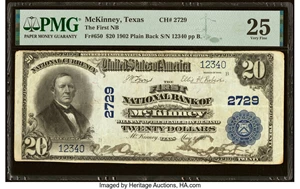 image for: McKinney, TX - $20 1902 Plain Back Fr. 650 The First National Bank Ch. # 2729 PMG Very Fine 25....