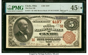 image for: Clyde, OH - $5 1882 Brown Back Fr. 471 The First National Bank Ch. # (M)4197 PMG Choice Extremely Fine 45 EPQ*....