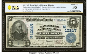 image for: Serial Number 1 Chicago, IL - $5 1902 Date Back Fr. 594 The Lawndale National Bank Ch. # (M)10247 PCGS Banknote Choice VF 35....