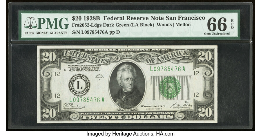 image for: Fr. 2052-L $20 1928B Federal Reserve Note. PMG Gem Uncirculated 66 EPQ....