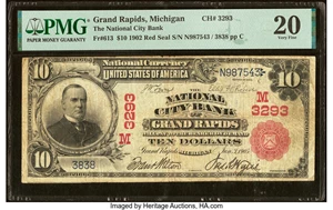 image for: Grand Rapids, MI - $10 1902 Red Seal Fr. 613 The National City Bank Ch. # (M)3293 PMG Very Fine 20....